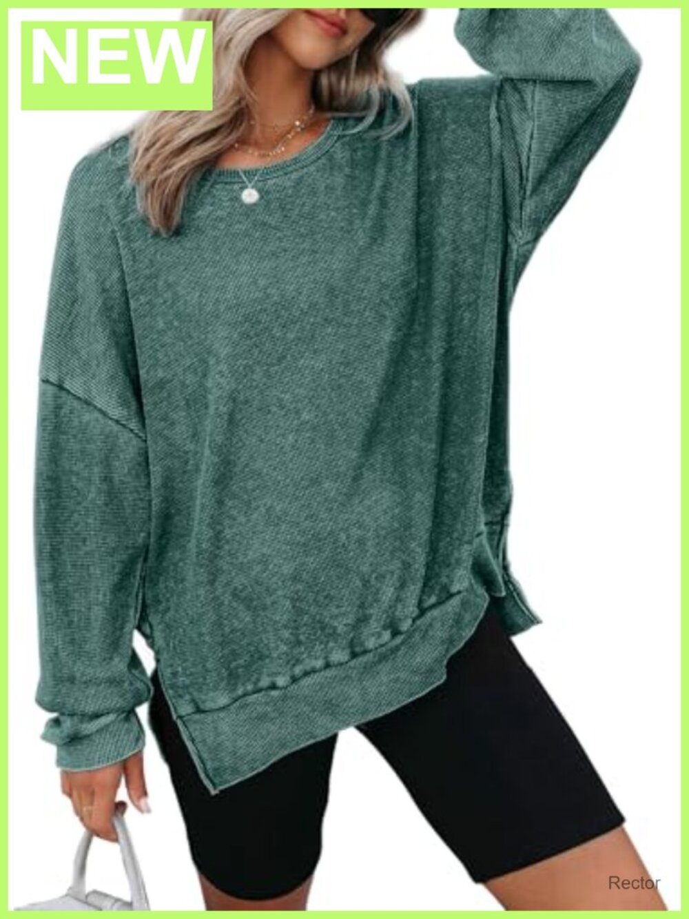 Waffle Knit Crewneck Sweatshirt Oversized Side Slits Pullover